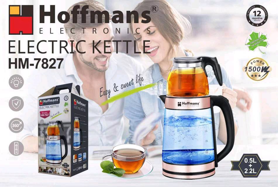  Электрочайник Hoffmans стекло c заварником 2,2L+0,5L 1500W HM-7827 (12)(11269)(44) 11269